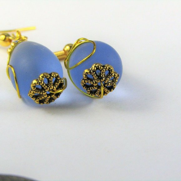 Cobalt Blue Sea Glass Gold Dangle Earrings - Picture 3 of 4